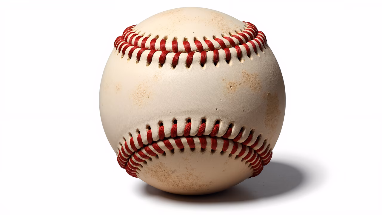 Close-up of a baseball with red stitching on a white background, emphasizing texture and wear.