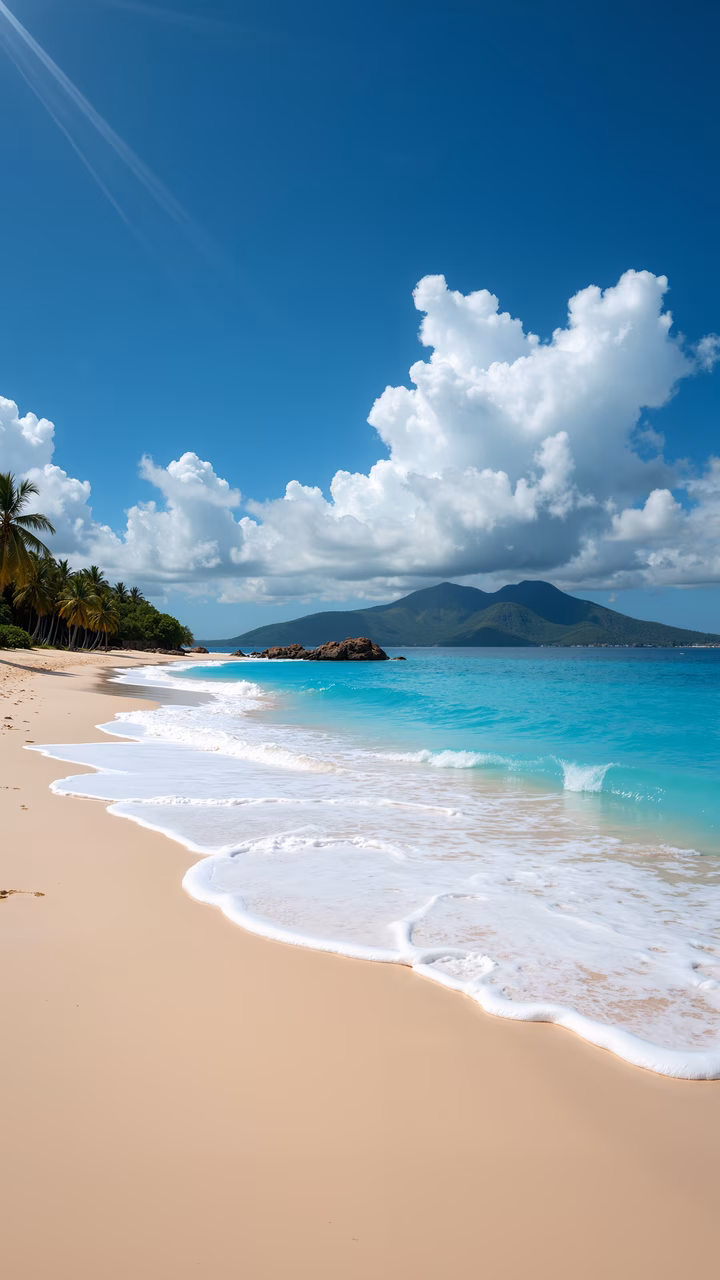 A peaceful beach with soft sand, gentle waves, and a clear blue sky with fluffy clouds.