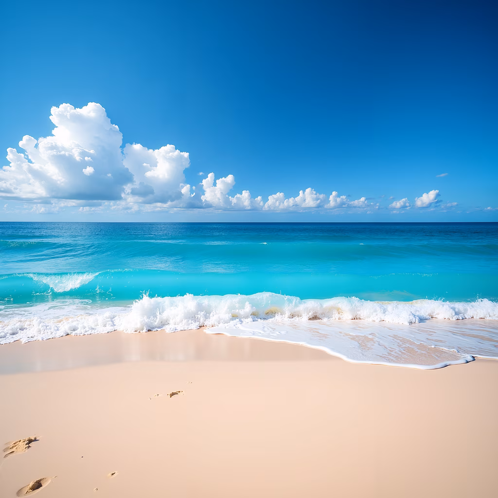 A tranquil beach scene with soft pink sand, gentle turquoise waves, and fluffy white clouds against a clear blue sky.