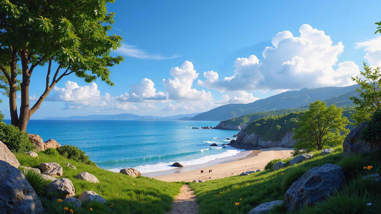 A peaceful beach illustration with lush greenery and clear turquoise waters.