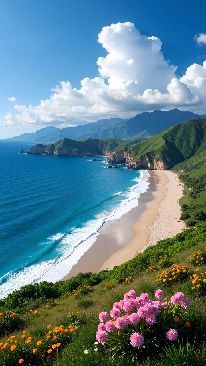 A picturesque beach scene with vibrant turquoise waters and lush green hills, featuring colorful flowers in the foreground.