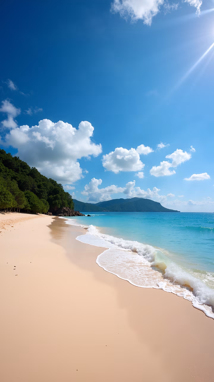A peaceful beach with soft pink sand, gentle waves, and lush green trees under a bright blue sky with fluffy clouds.