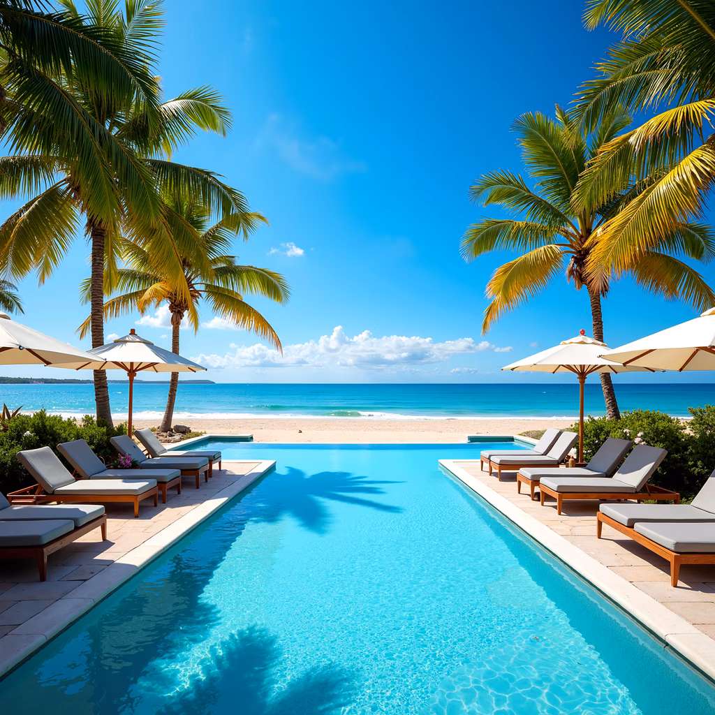 A luxurious beachside pool with lounge chairs and umbrellas, set against a backdrop of palm trees and a clear blue sky.