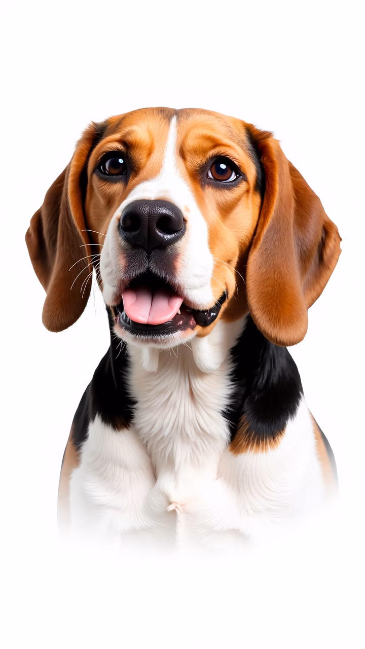 A detailed illustration of a beagle dog with tricolor fur, capturing its expressive eyes and soft fur texture.