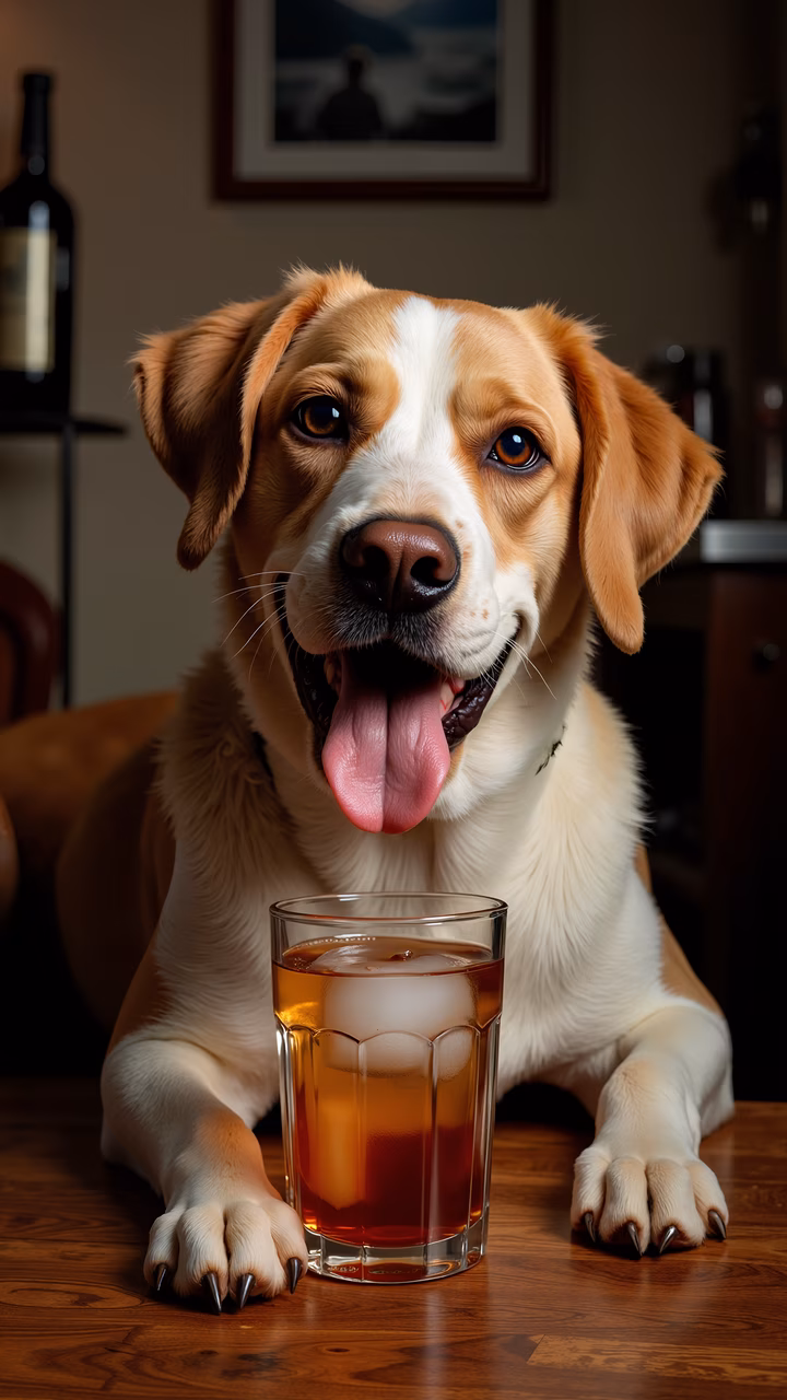 A beagle dog with a glass of tea in a cozy indoor setting.
