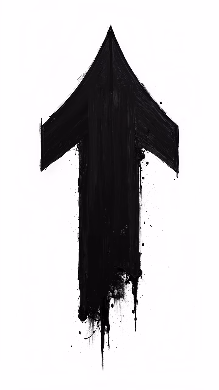 Bold black arrow illustration with splashes of paint, upward-pointing direction, abstract art