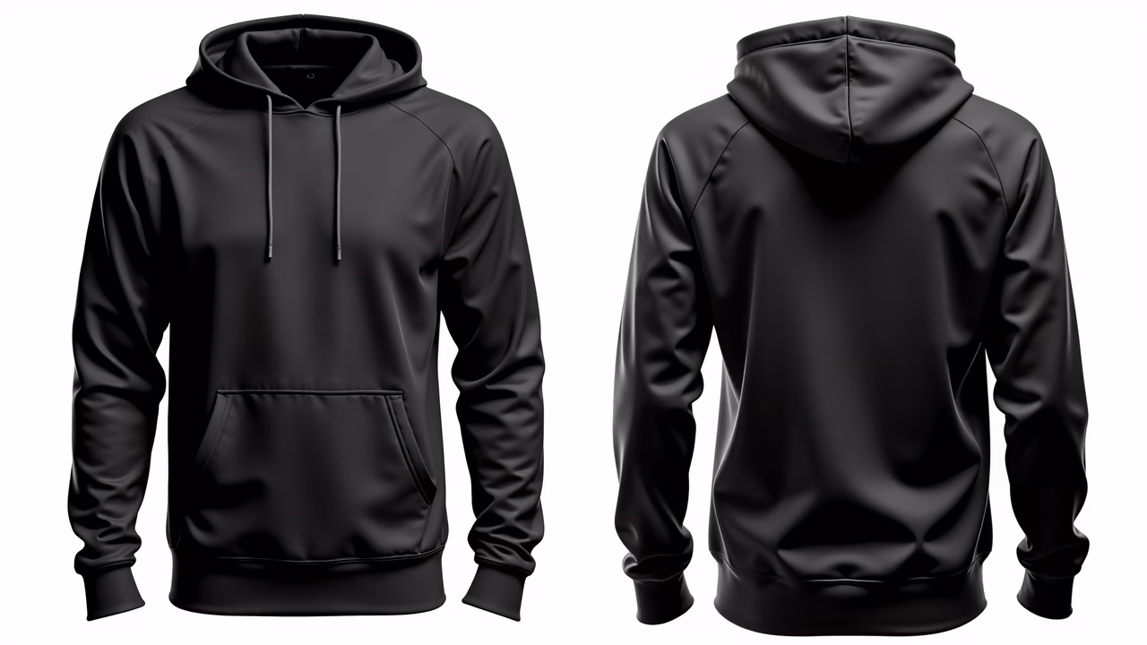 A stylish black hoodie with front and back views, emphasizing its sleek design and glossy texture.