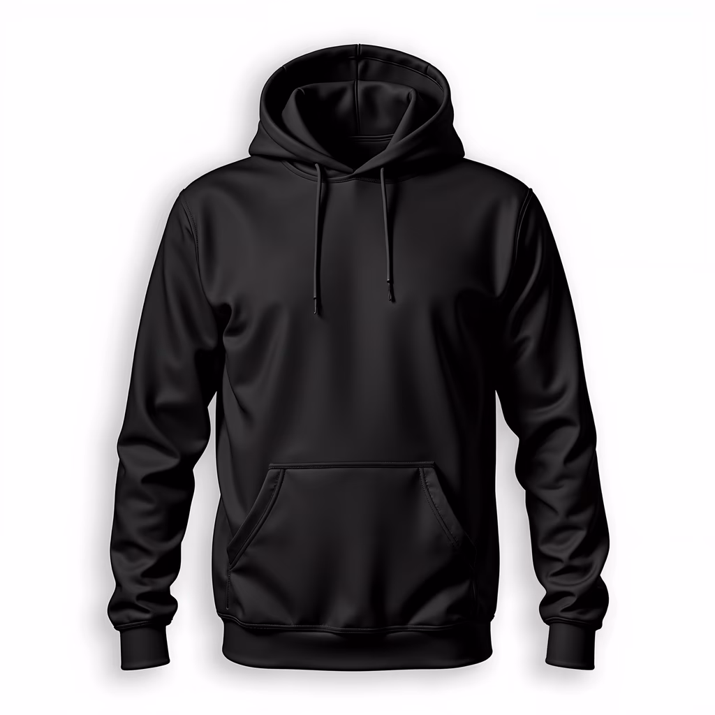 A glossy black hoodie with a sleek design and glossy finish.