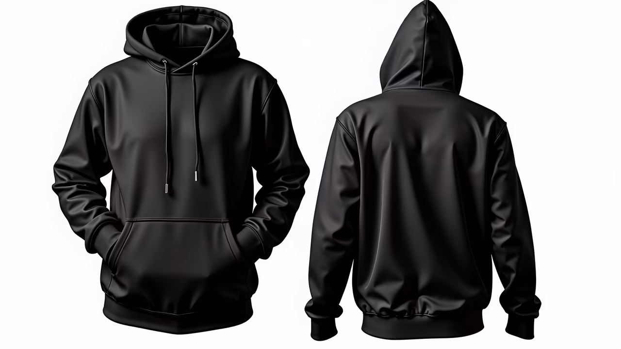 A stylish black hoodie illustration featuring front and back views with smooth fabric texture and glossy finish.