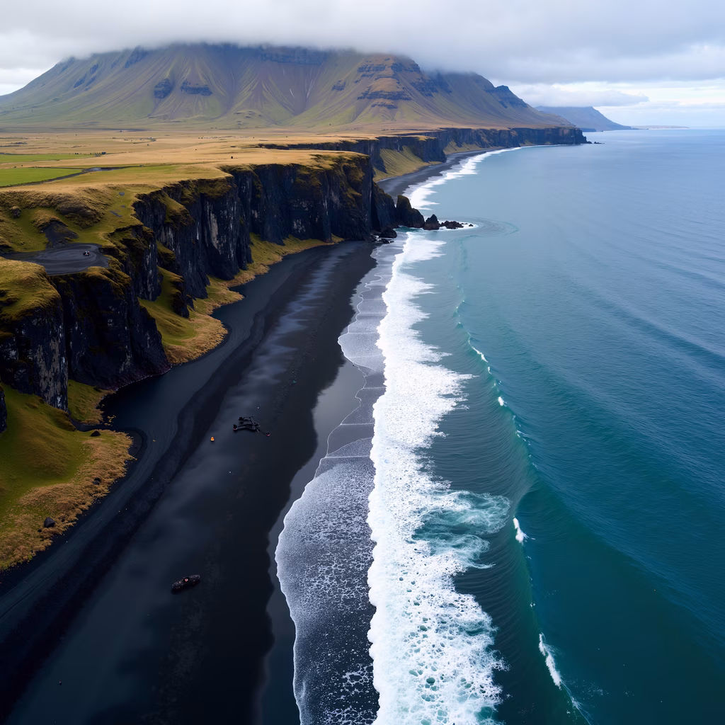 Aerial view of black sand beach and lush green mountains, contrasting with deep blue ocean waves.
