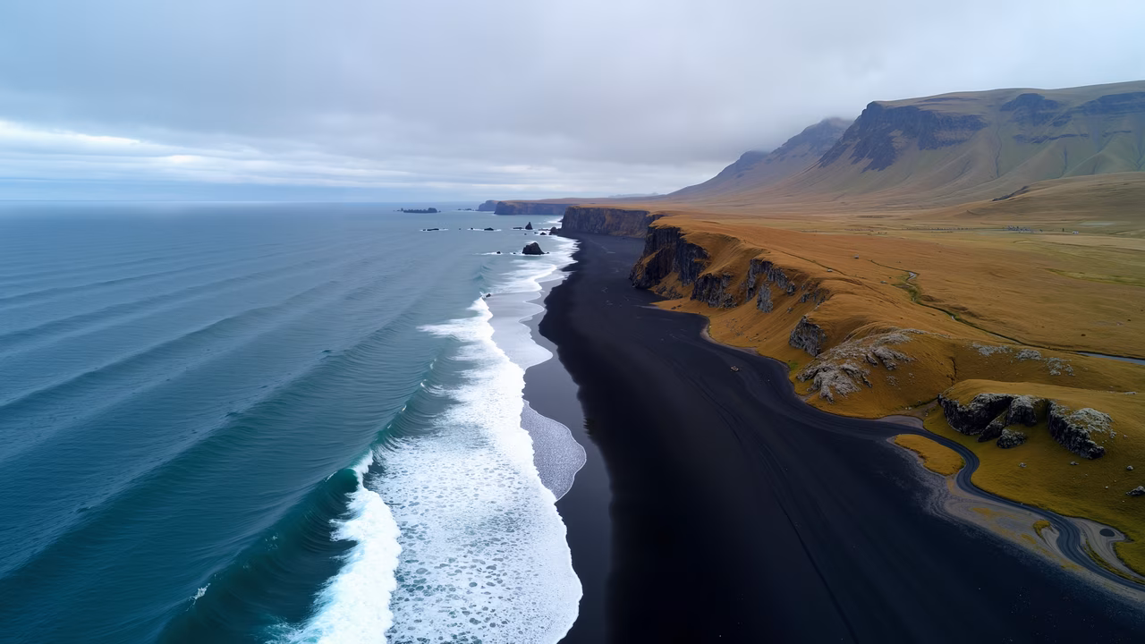 Aerial view of black sand beach with rugged cliffs and distant mountains under an overcast sky.
