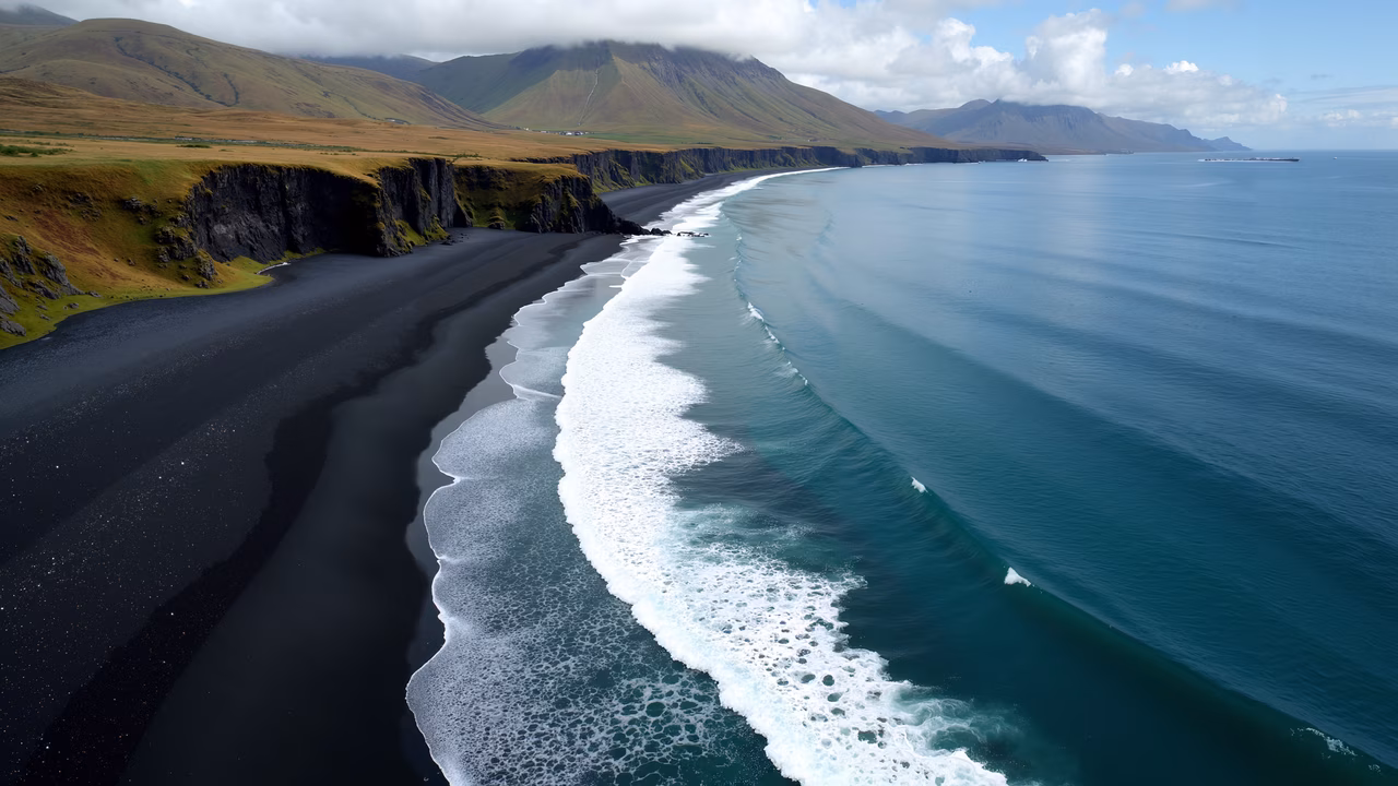 Aerial view of black sand beach with turquoise ocean waves and rugged cliffs under a cloudy sky.