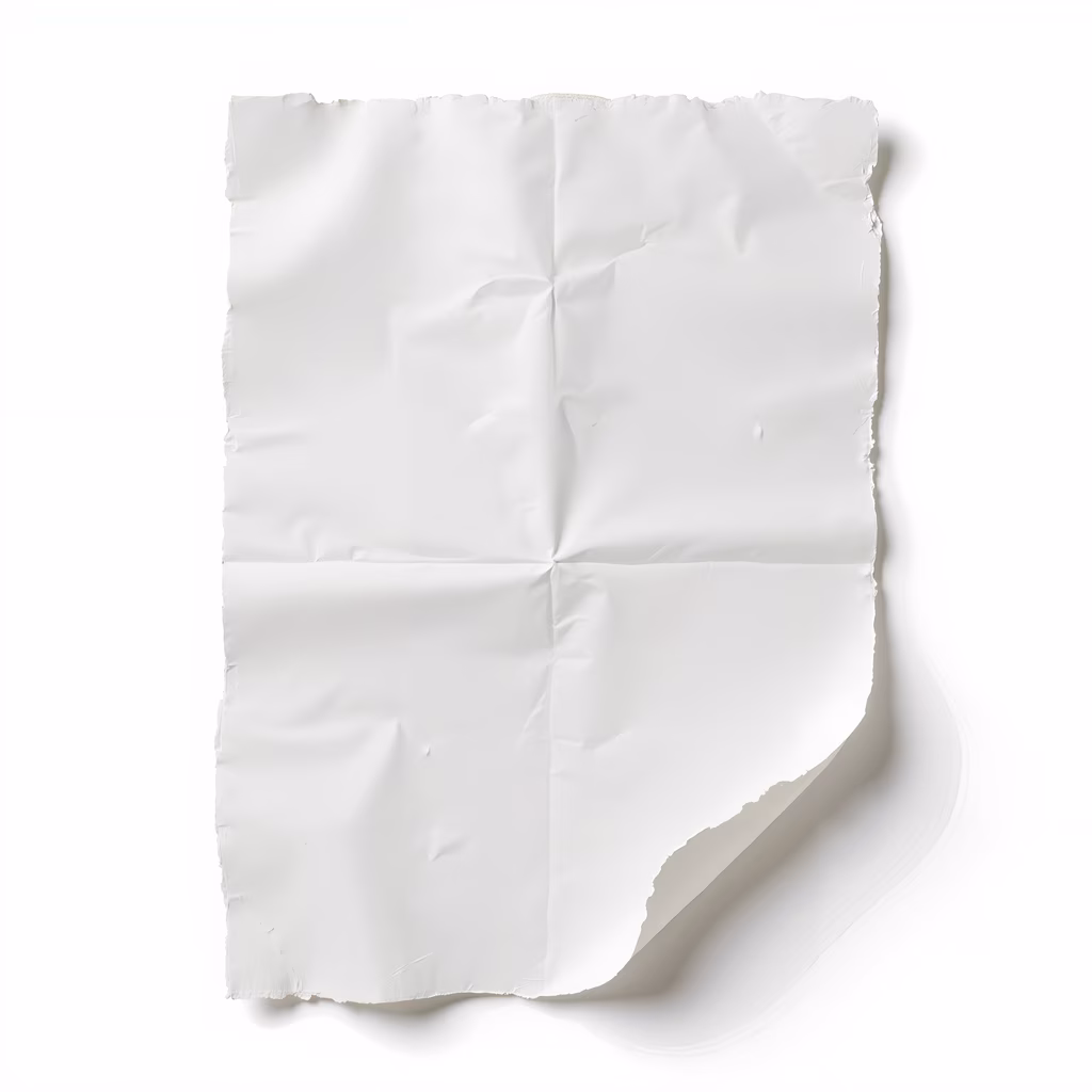 Minimalist illustration of a blank sheet of paper with detailed texture and folds, set against a white background.