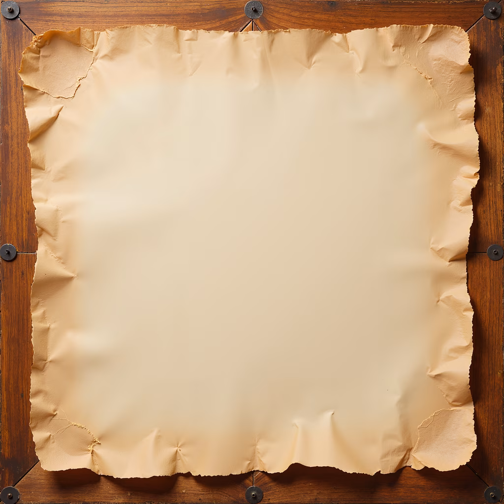Blank sheet of aged paper pinned to a wooden frame, creating a rustic and vintage vibe.