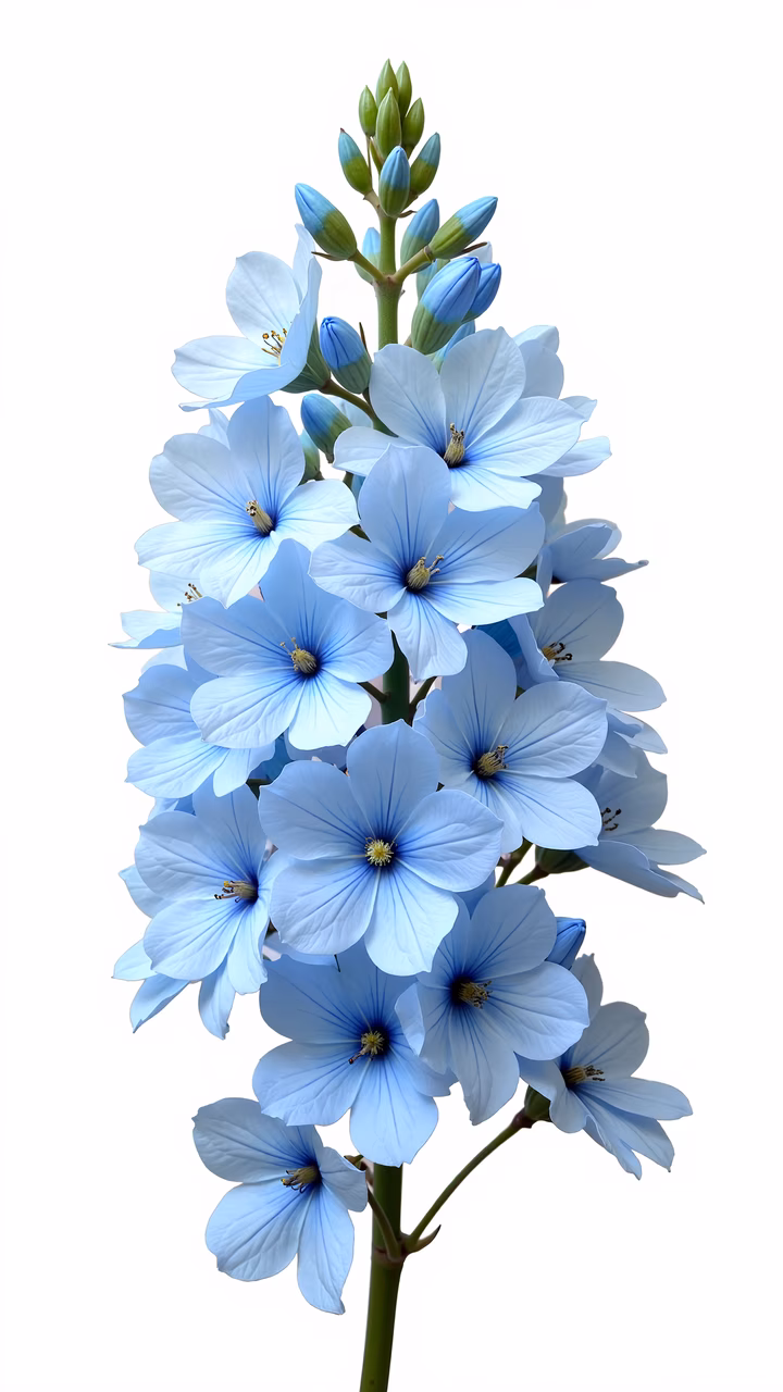 Delicate blue delphinium flowers with vibrant green stems and buds, creating a serene and natural atmosphere.