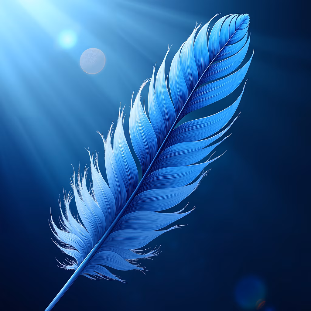 Delicate blue feather on a gradient blue background with light rays and bokeh effects.