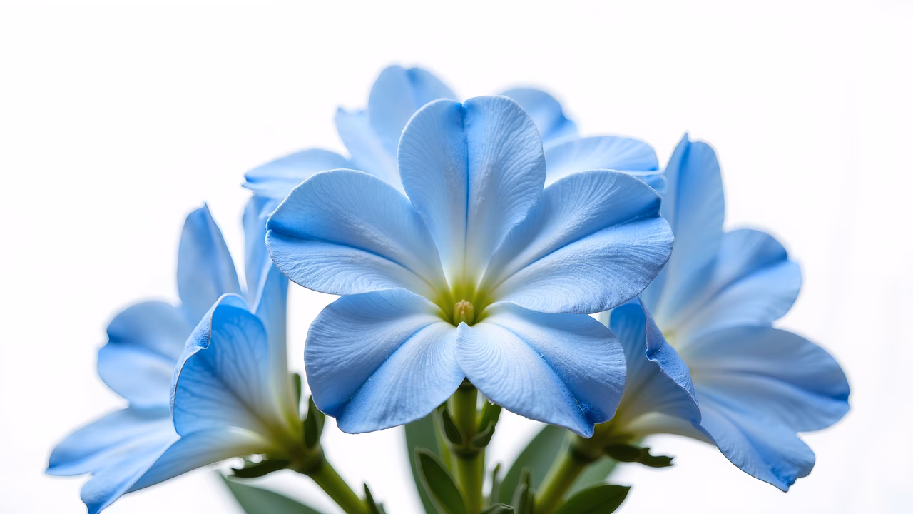 Delicate blue flowers with soft petals and vibrant green centers on a minimalist white background.