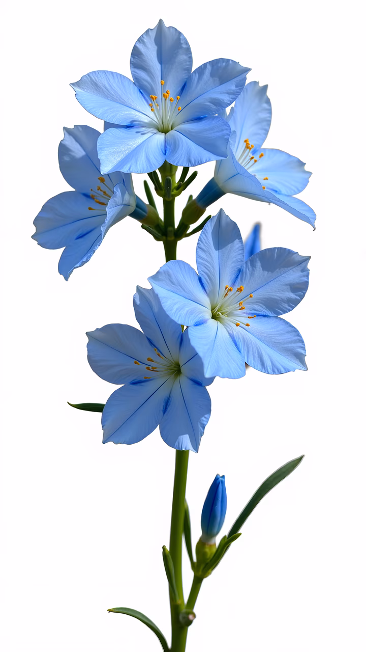 Vibrant blue flowers with delicate petals and bright yellow stamens on a white background.
