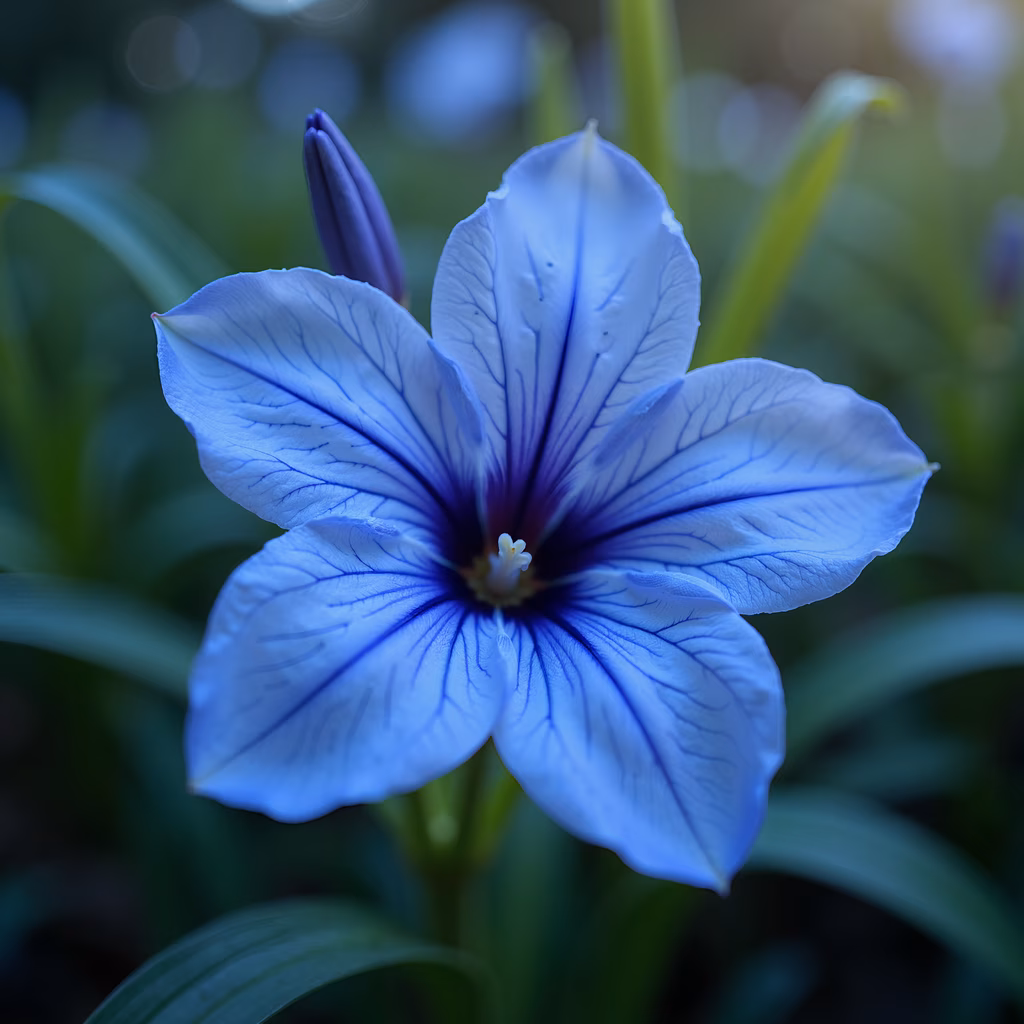 Close-up of a vibrant blue iris flower with delicate petals and intricate vein patterns.