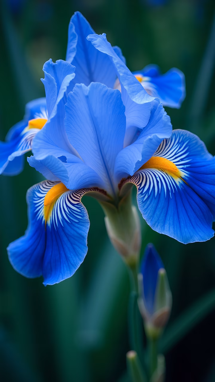 A stunning close-up of a blue iris flower with vibrant yellow center and lush green background, highlighting its natural elegance and intricate details.