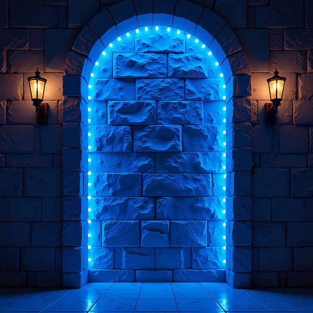 Rugged stone archway with blue lighting and vintage lanterns, perfect for fantasy settings.