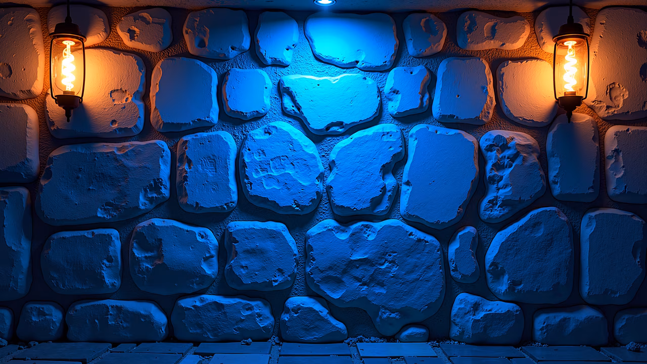 A textured stone wall illuminated by vintage-style lamps in a cool blue and warm orange color scheme.