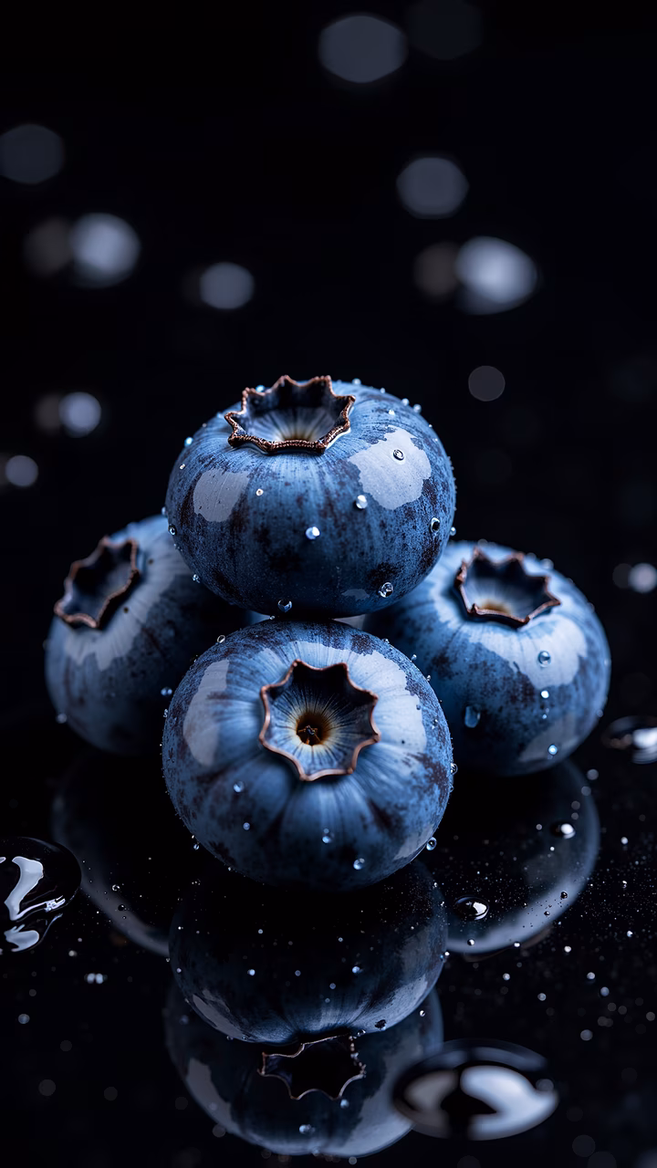 Close-up of fresh blueberries with vibrant blue color and glossy texture on a dark background with bokeh effects.