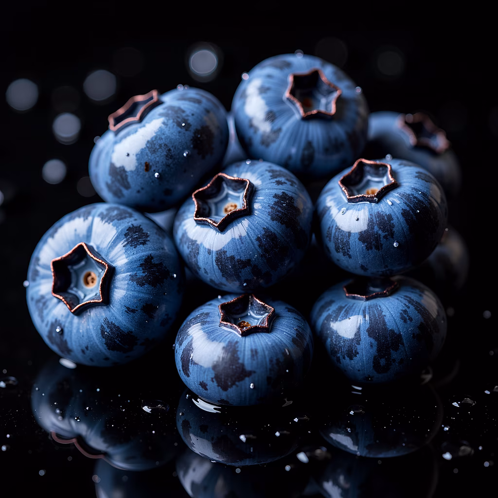 Close-up of fresh blueberries with realistic style and vibrant blue color.