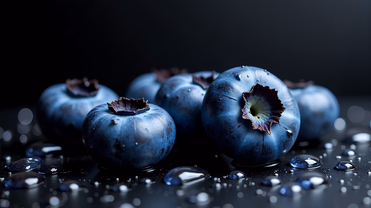 Close-up of fresh blueberries with water droplets, vibrant blue hue, dark background, fresh fruit photography
