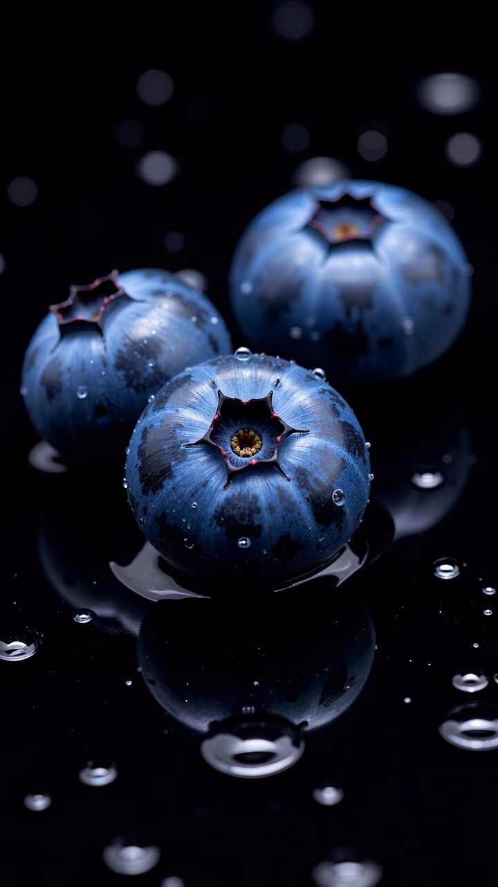 Vibrant blueberries with water droplets against a dark background