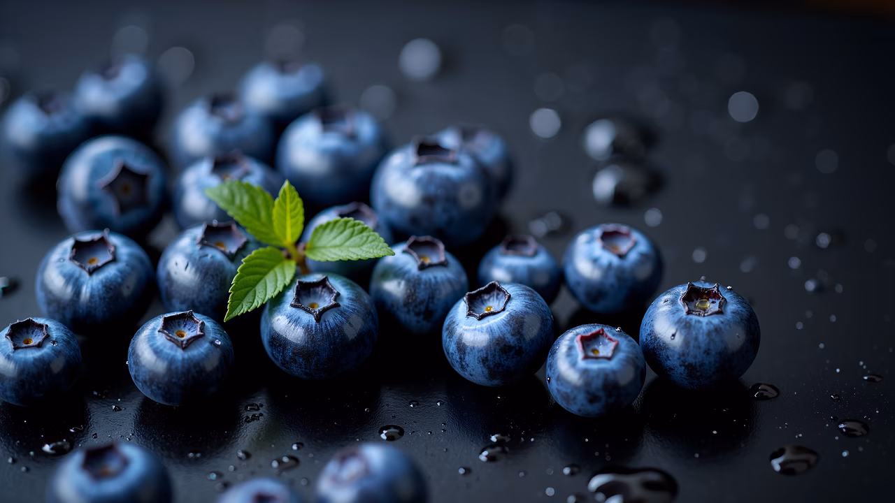 Fresh blueberries with mint on a dark background