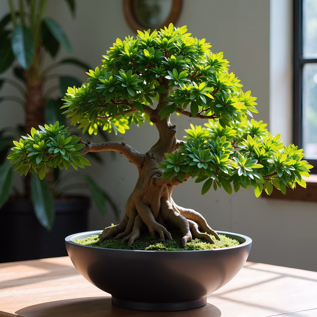A beautifully illustrated bonsai tree with detailed branches and vibrant green leaves, set in a moss-filled pot, captured in a serene indoor setting.