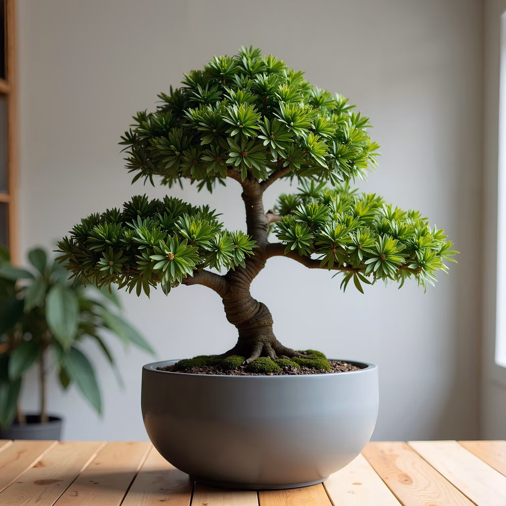 A beautifully illustrated bonsai tree with detailed branches and vibrant green leaves, set in a modern pot on a wooden table, creating a serene indoor environment.
