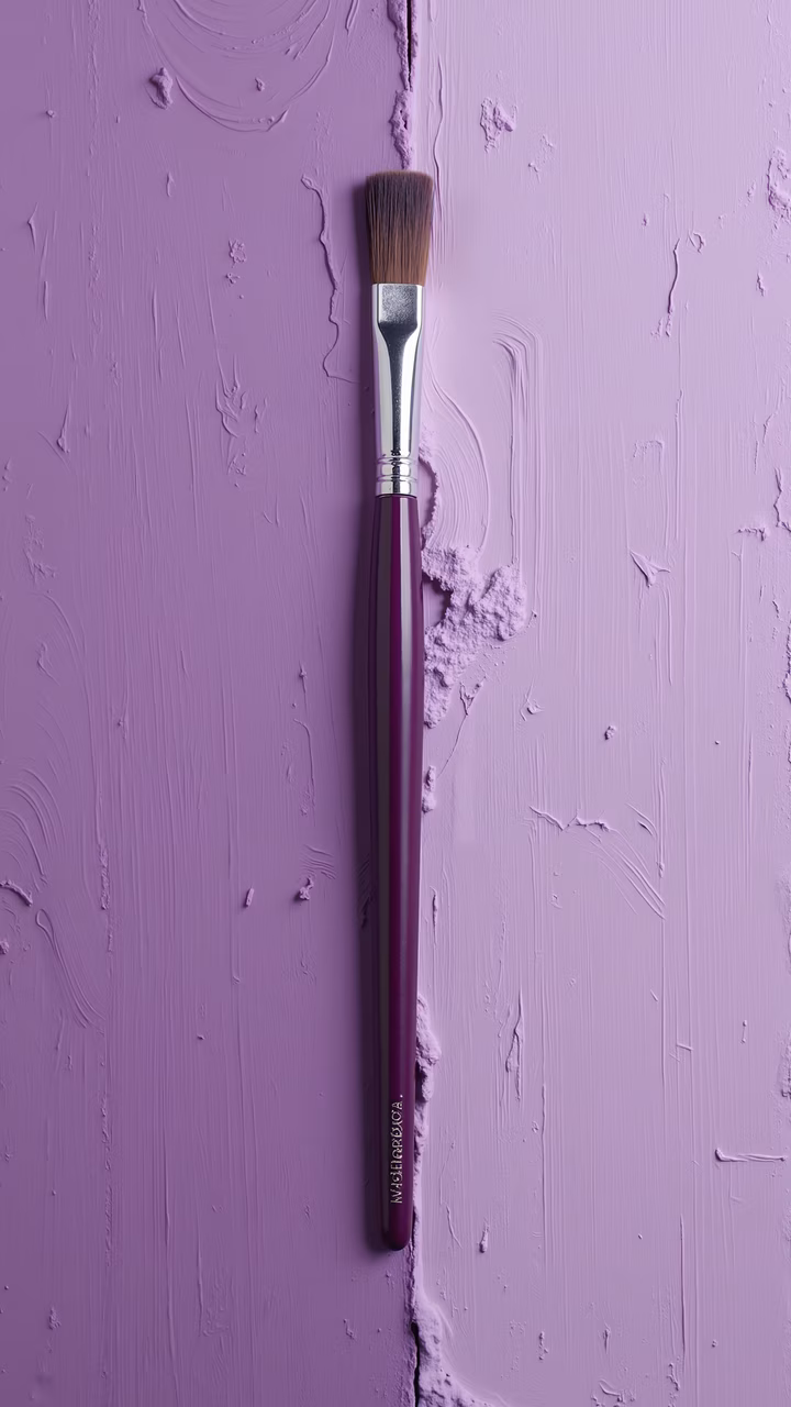 Sleek purple paintbrush against textured lavender background