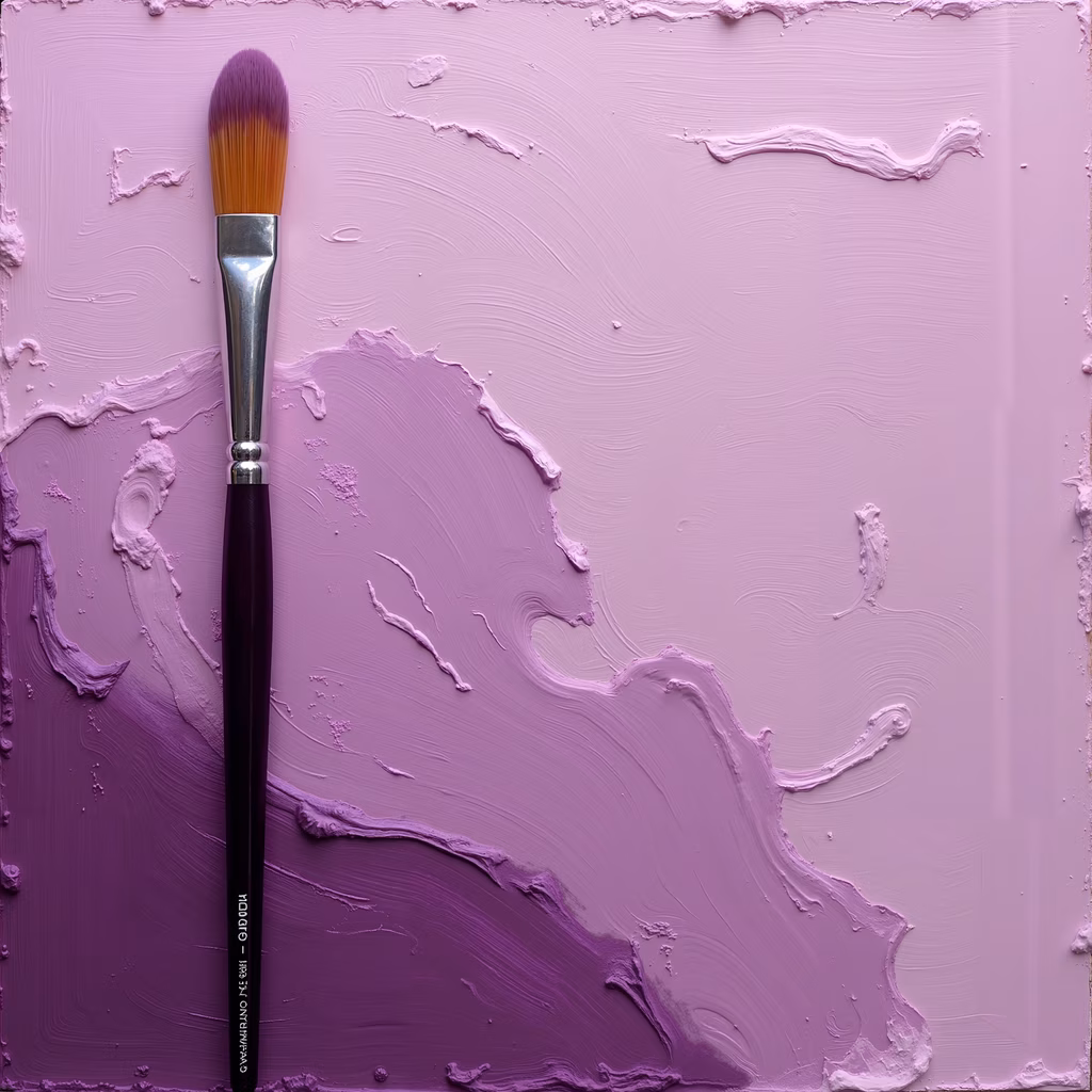 A paintbrush on a textured purple palette featuring various shades of purple and pink hues.
