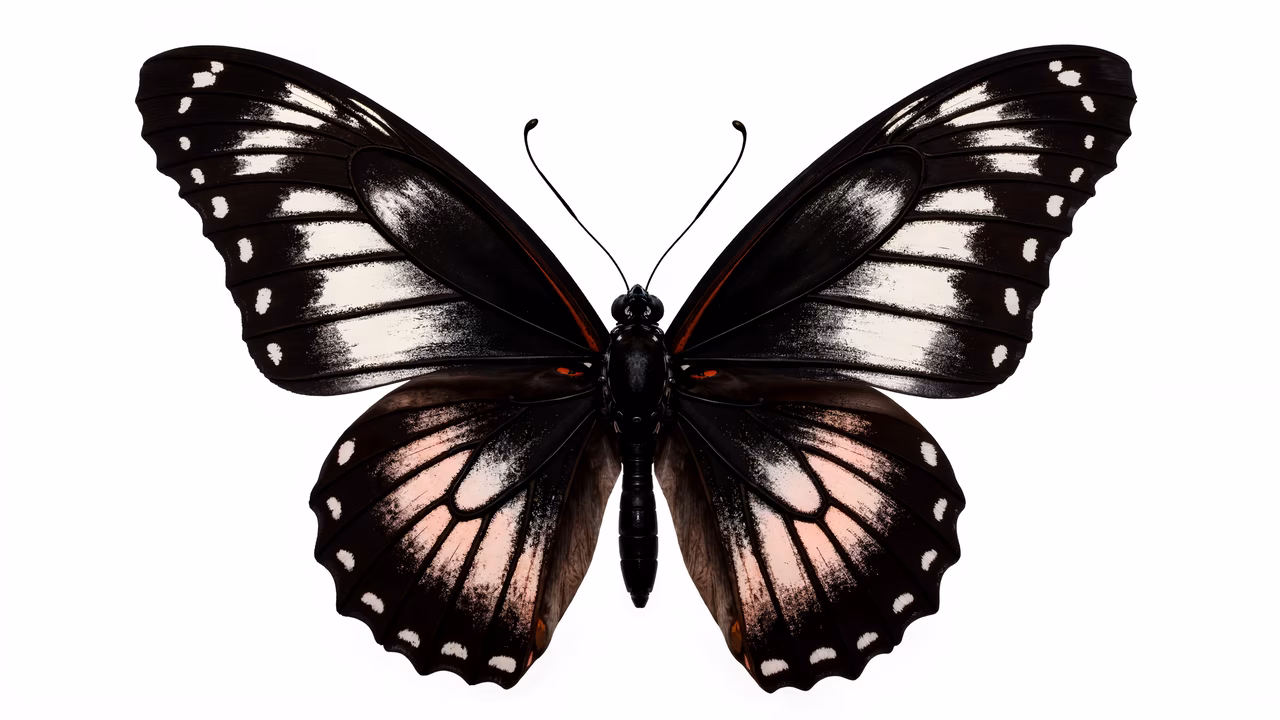 Close-up of a butterfly with detailed wings and vibrant colors on a white background.