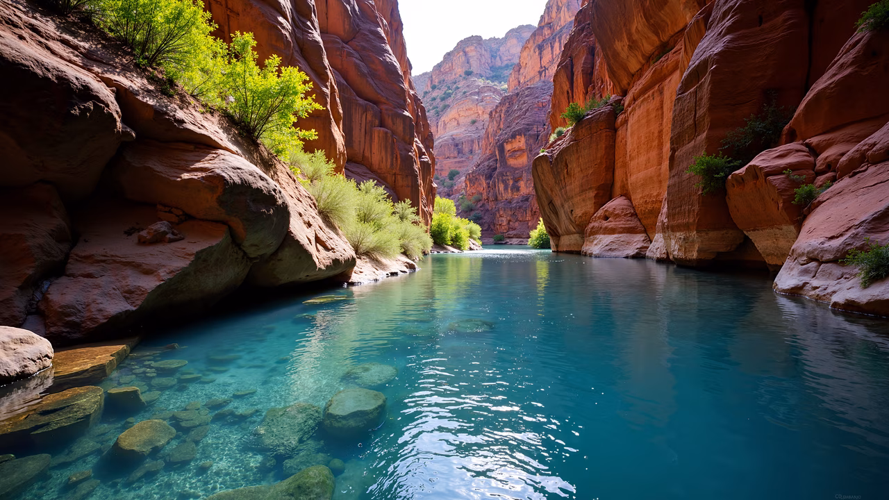 A stunning photo of a canyon river with vibrant turquoise waters and red rock formations, evoking a sense of tranquility and natural beauty.