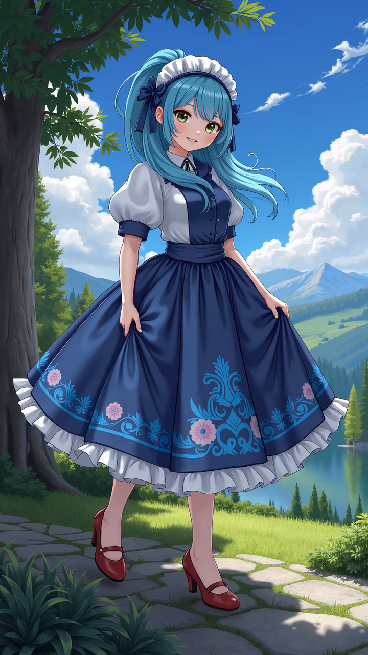 Cartoon girl in blue dress, stone path, lush greenery, serene landscape, mountains, lake