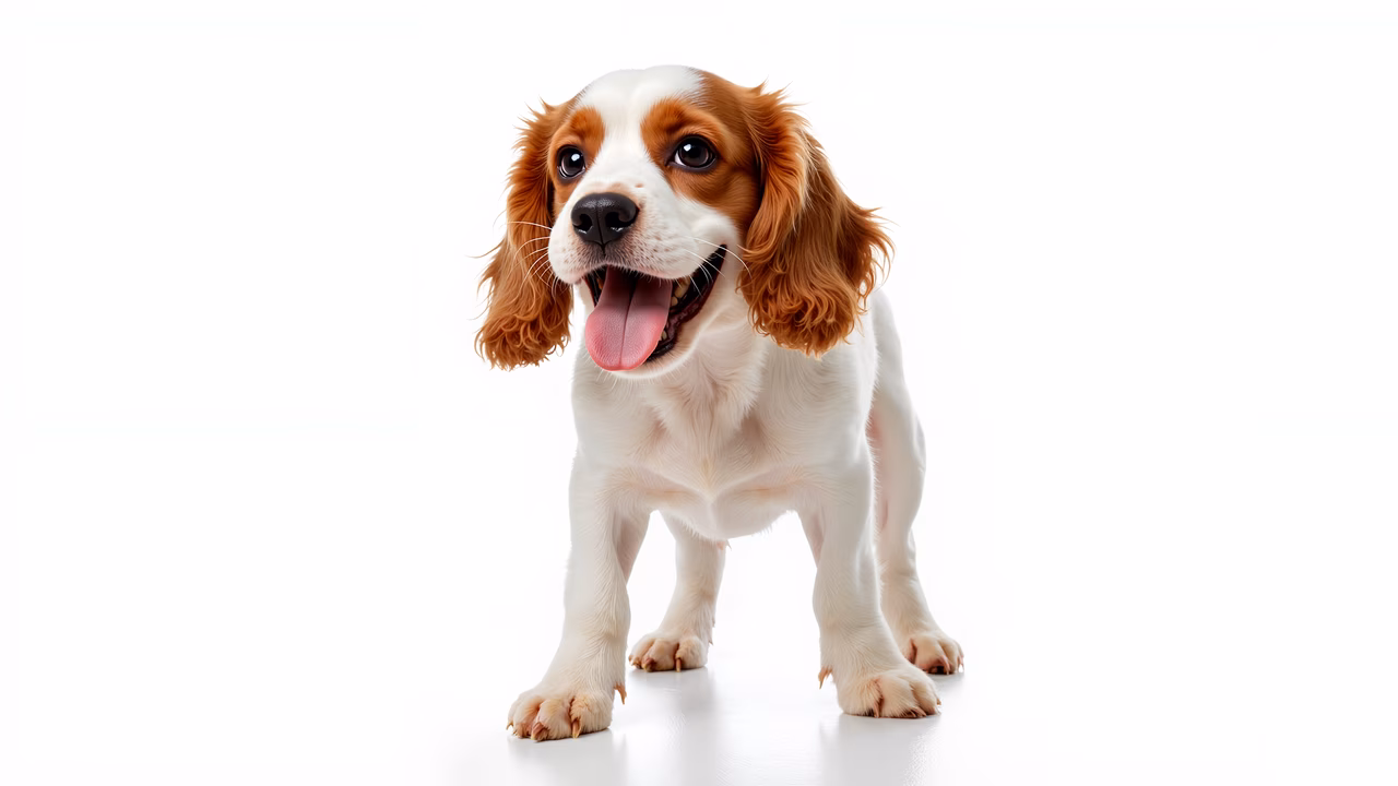 Cavalier King Charles Spaniel portrait with white background and soft lighting