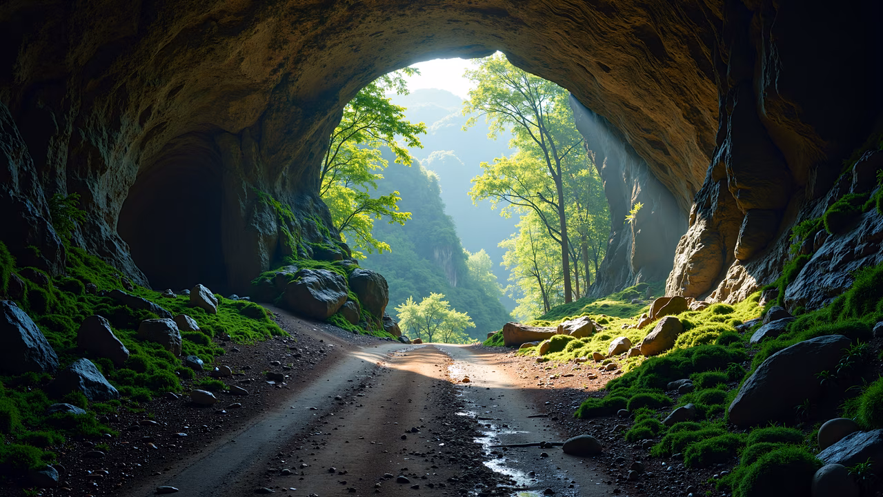 A tranquil cave entrance with lush greenery and moss-covered rocks, inviting exploration and adventure.