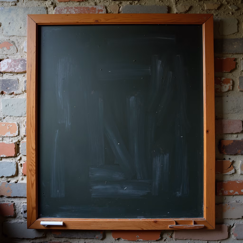 Faint chalk marks on a chalkboard against a textured brick wall, evoking nostalgia and simplicity.