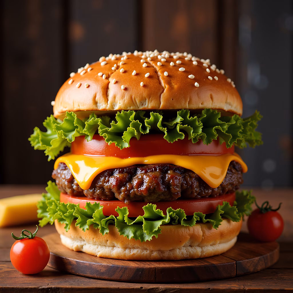 A delicious cheeseburger illustration featuring a juicy patty, melted cheese, fresh lettuce, and ripe tomatoes.