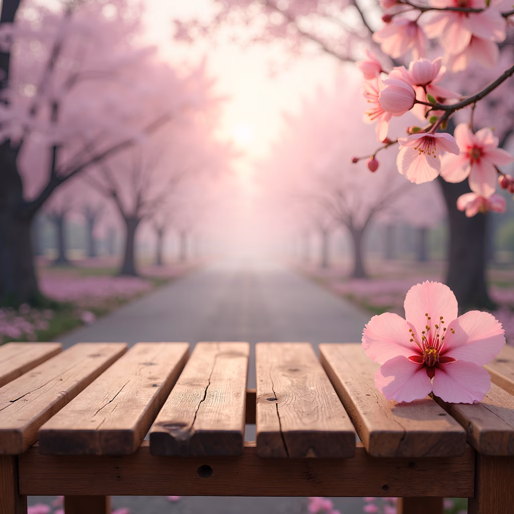 A wooden bench with a cherry blossom in a tranquil spring setting.