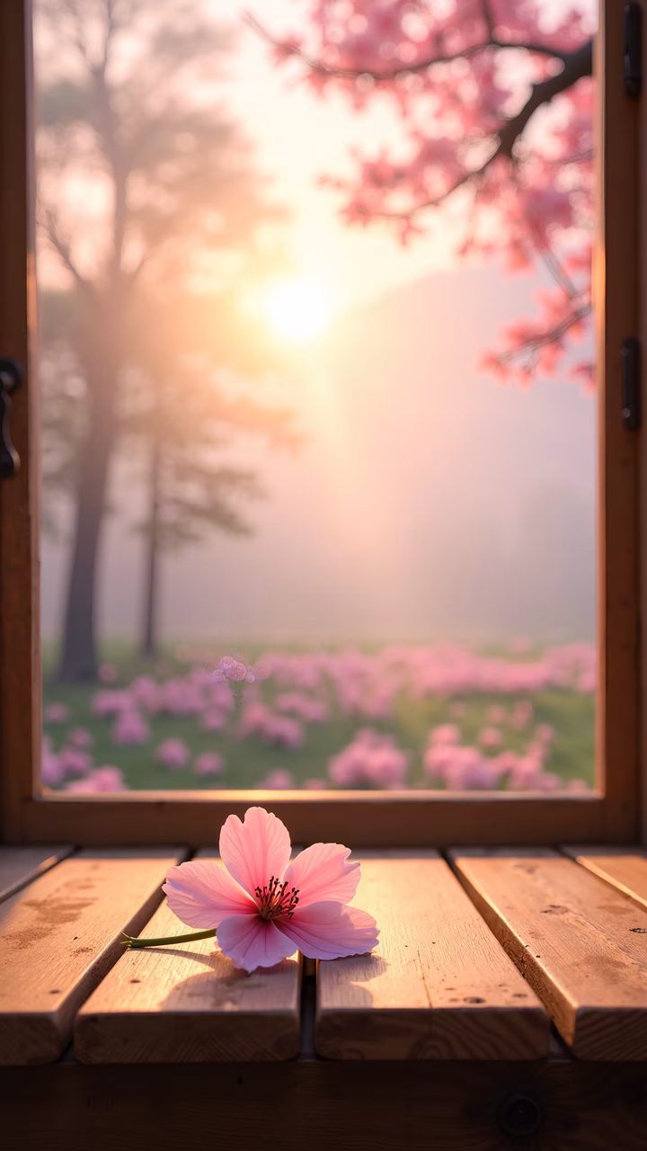 Cherry blossom flower, wooden bench, serene landscape, soft sunlight, tranquil beauty