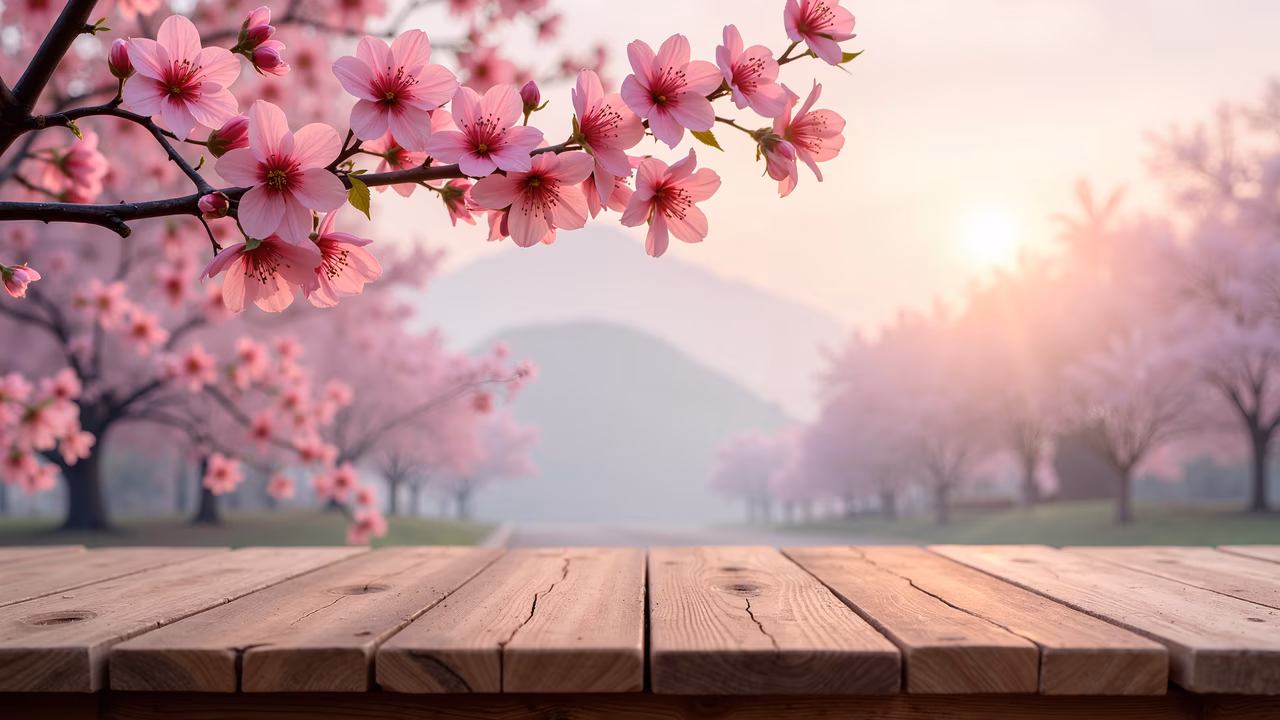 Cherry blossoms, wooden platform, nature, spring, tranquility