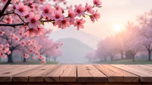 Cherry Blossoms and Wooden Platform