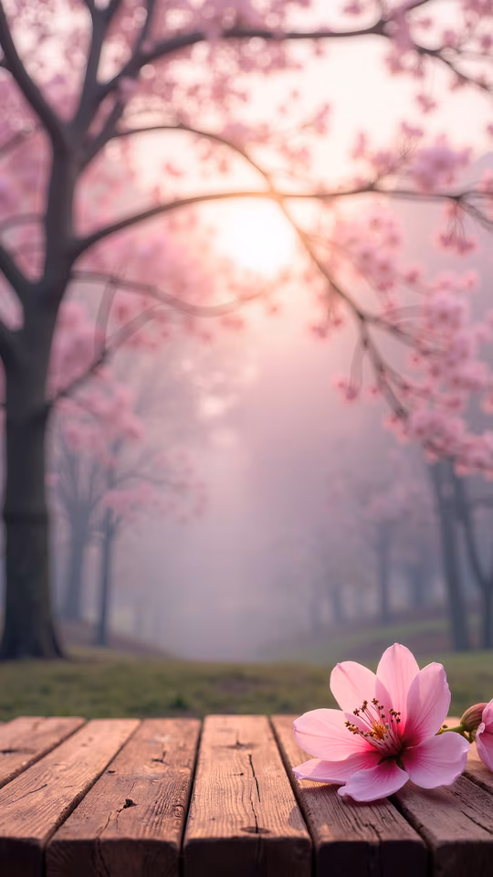Cherry Blossoms and Wooden Table