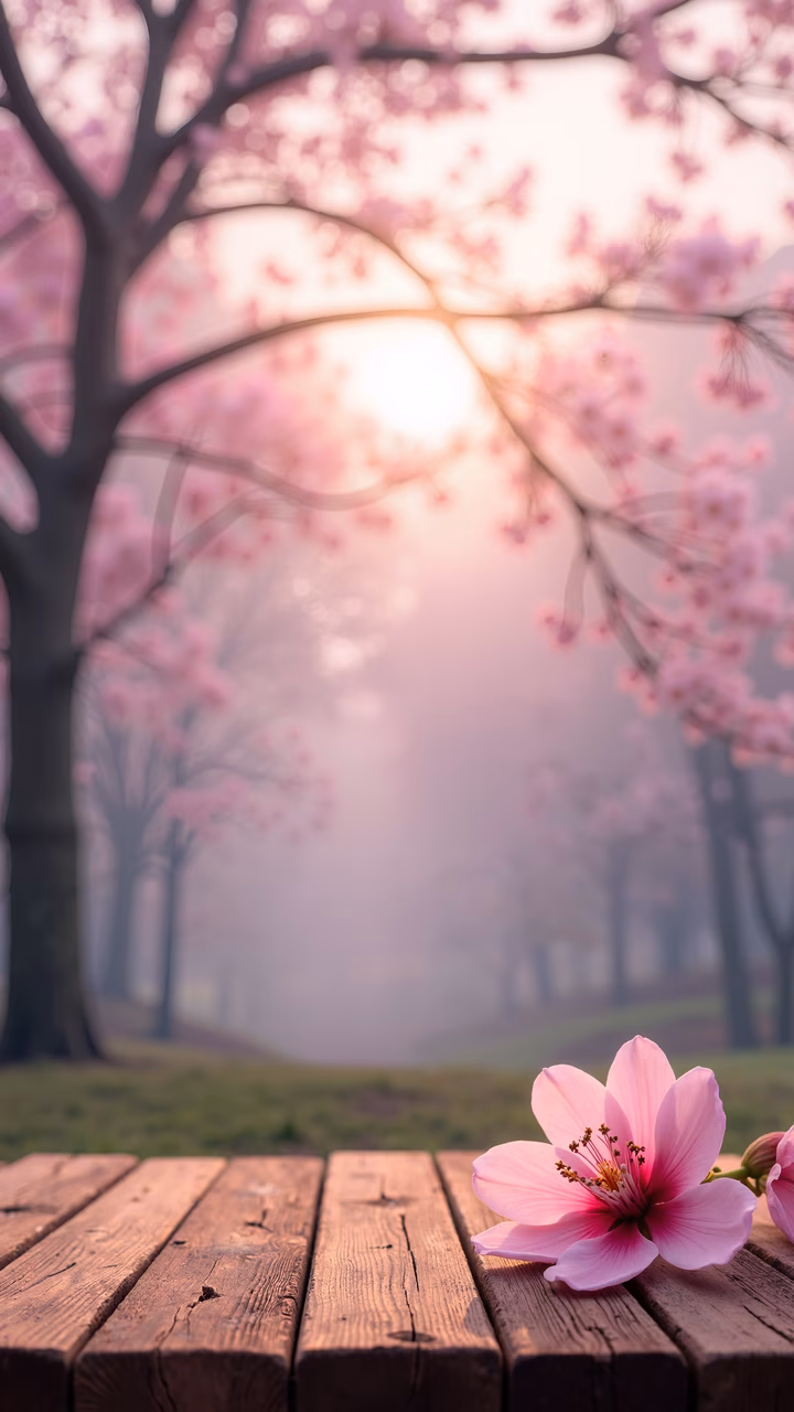 Cherry blossoms, wooden table, nature, spring, dreamy, rustic