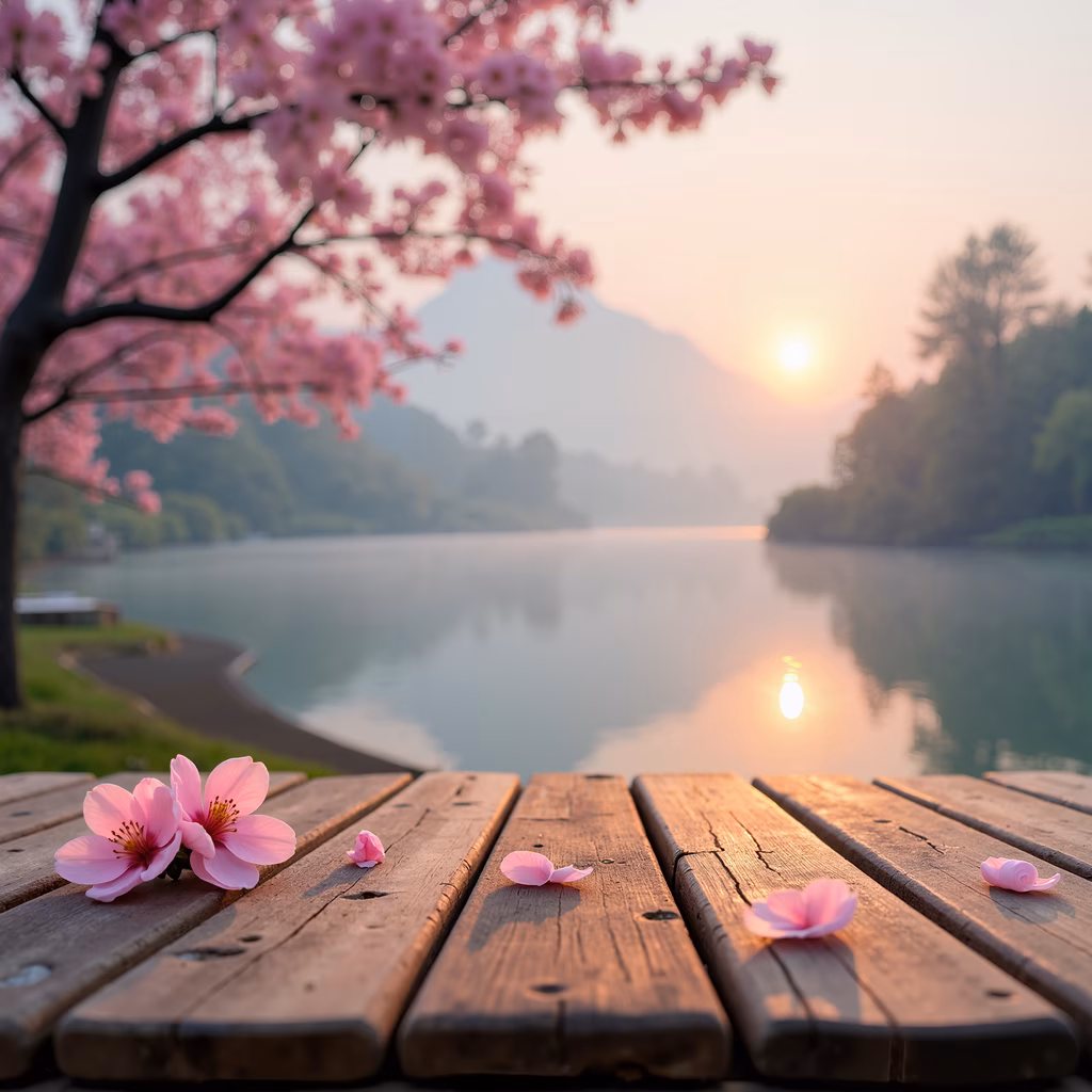 Cherry blossoms, dawn, lake, tranquility, nature, pink, petals, wooden dock, reflection, soft light