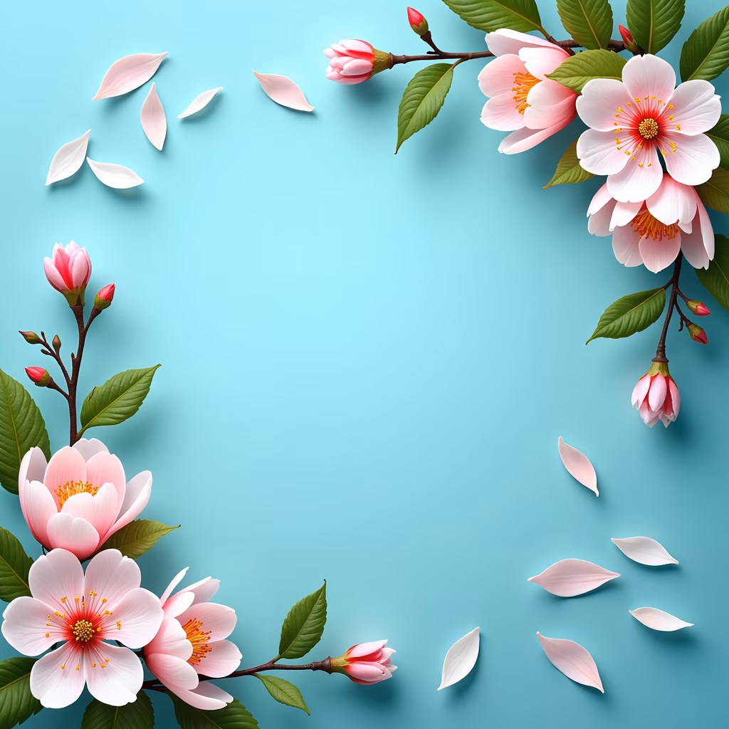 Delicate cherry blossoms on a light blue background, floral art, nature, tranquility